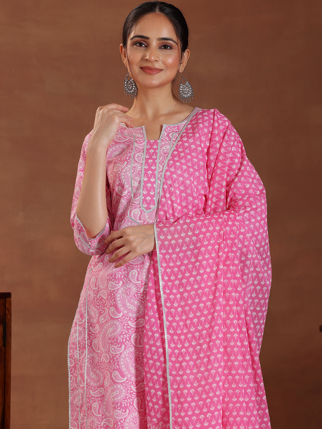 Pink Printed Cotton Straight Suit With Dupatta