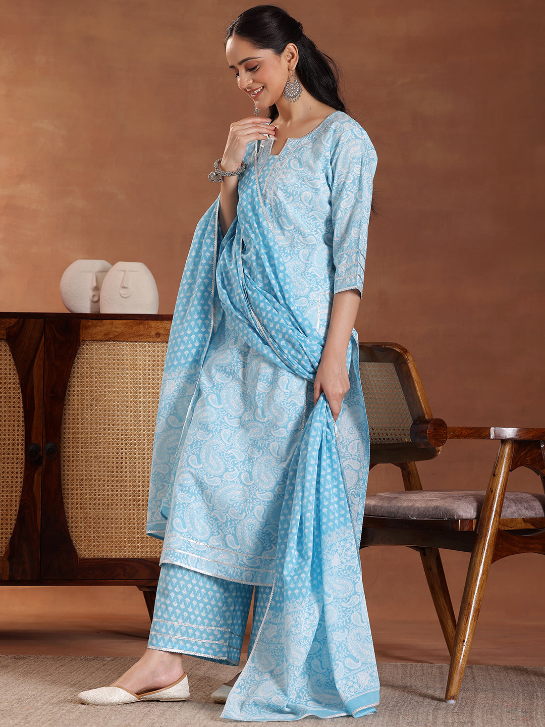 Blue Printed Cotton Straight Suit With Dupatta