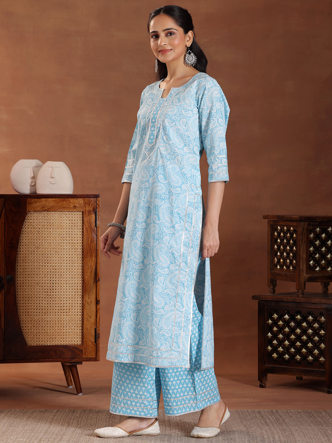 Blue Printed Cotton Straight Suit With Dupatta