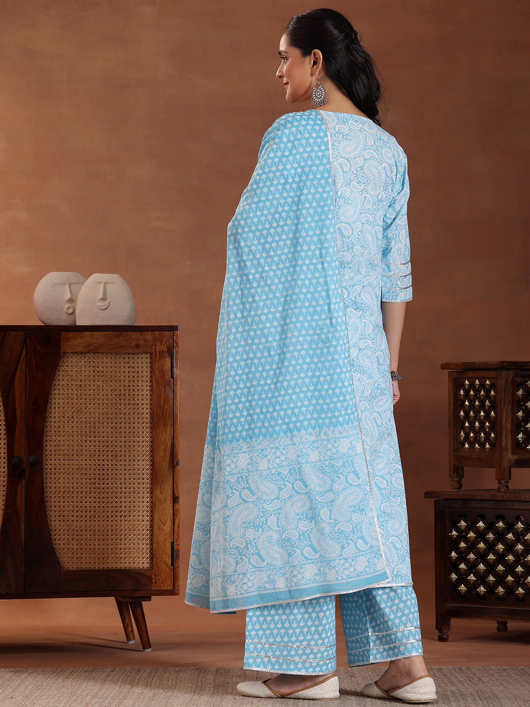 Blue Printed Cotton Straight Suit With Dupatta