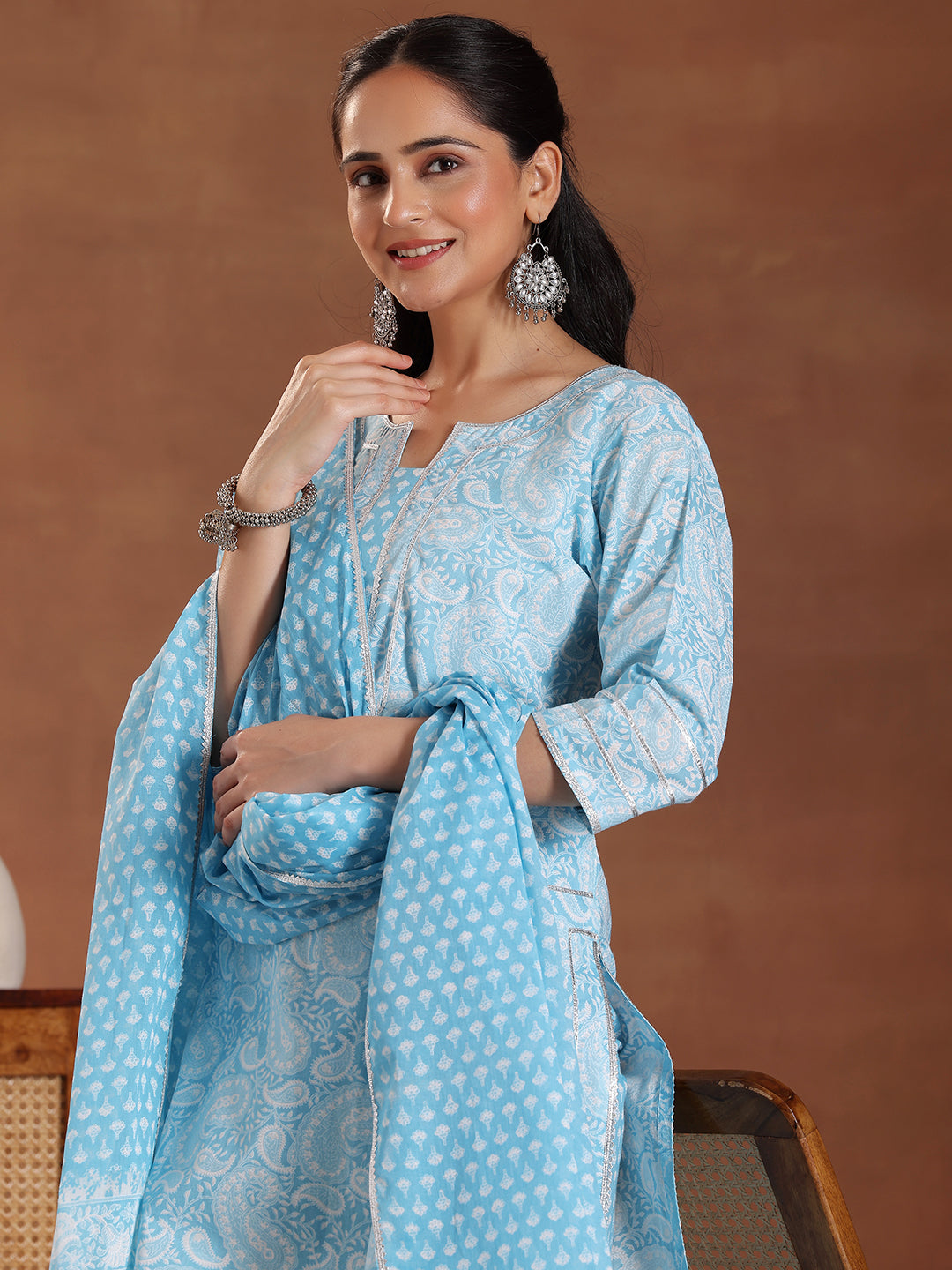 Blue Printed Cotton Straight Suit With Dupatta