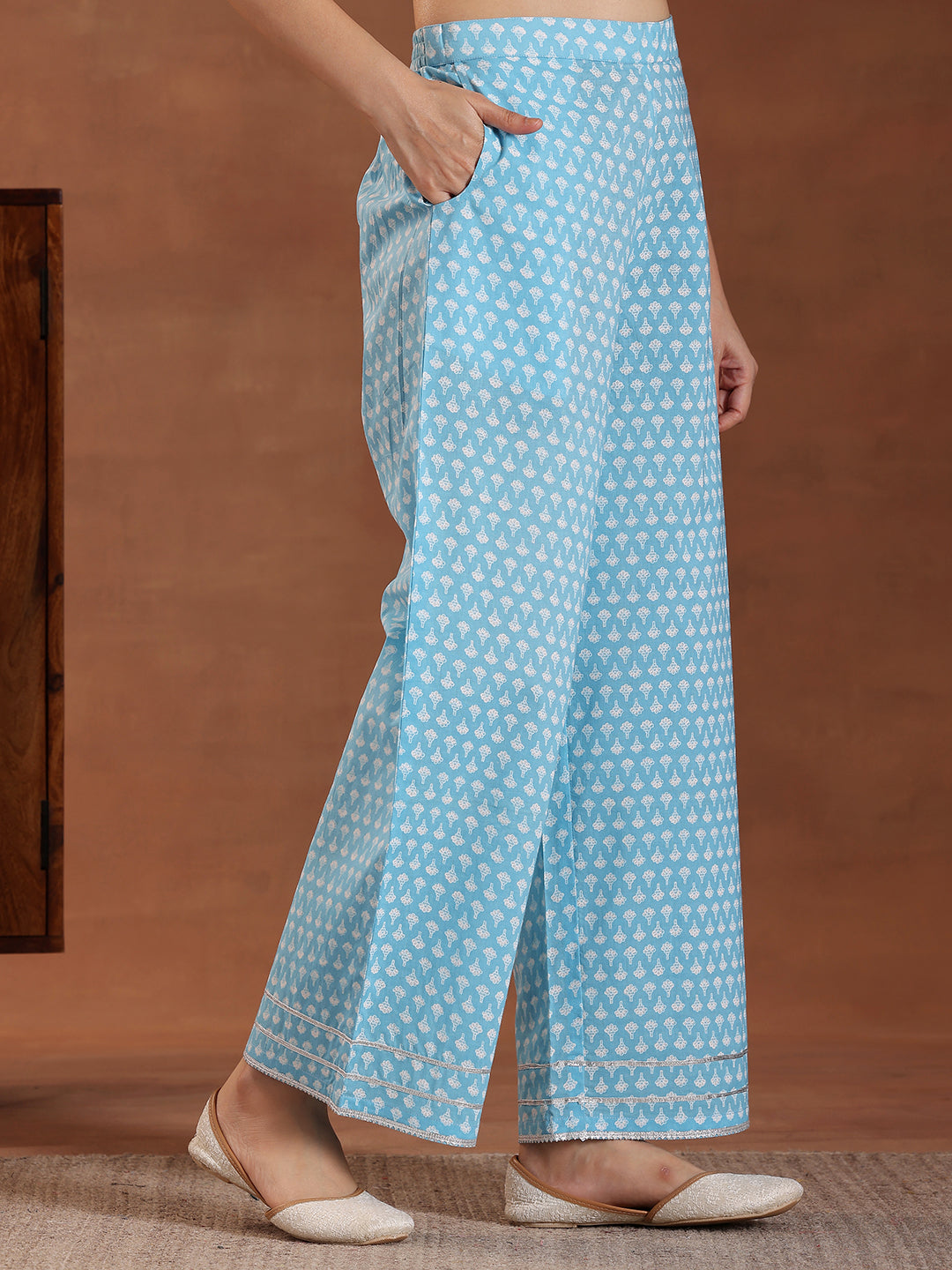 Blue Printed Cotton Straight Suit With Dupatta