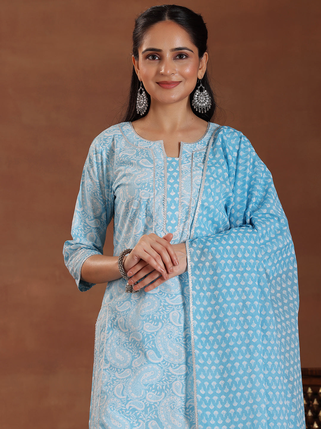 Blue Printed Cotton Straight Suit With Dupatta