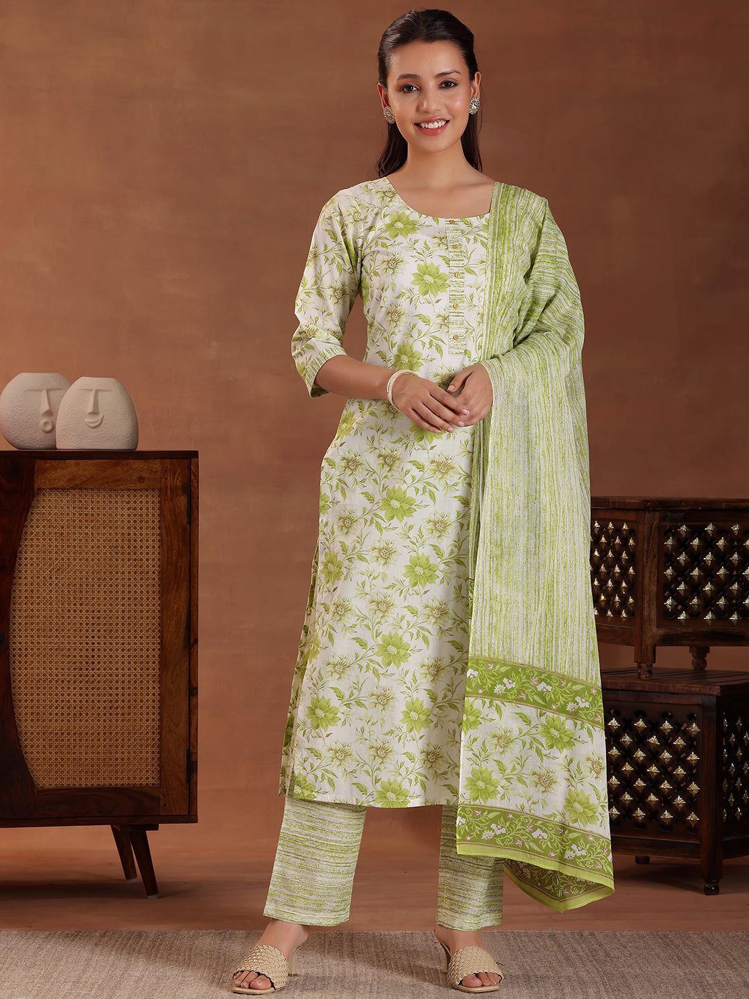 Green Printed Cotton Straight Suit With Dupatta