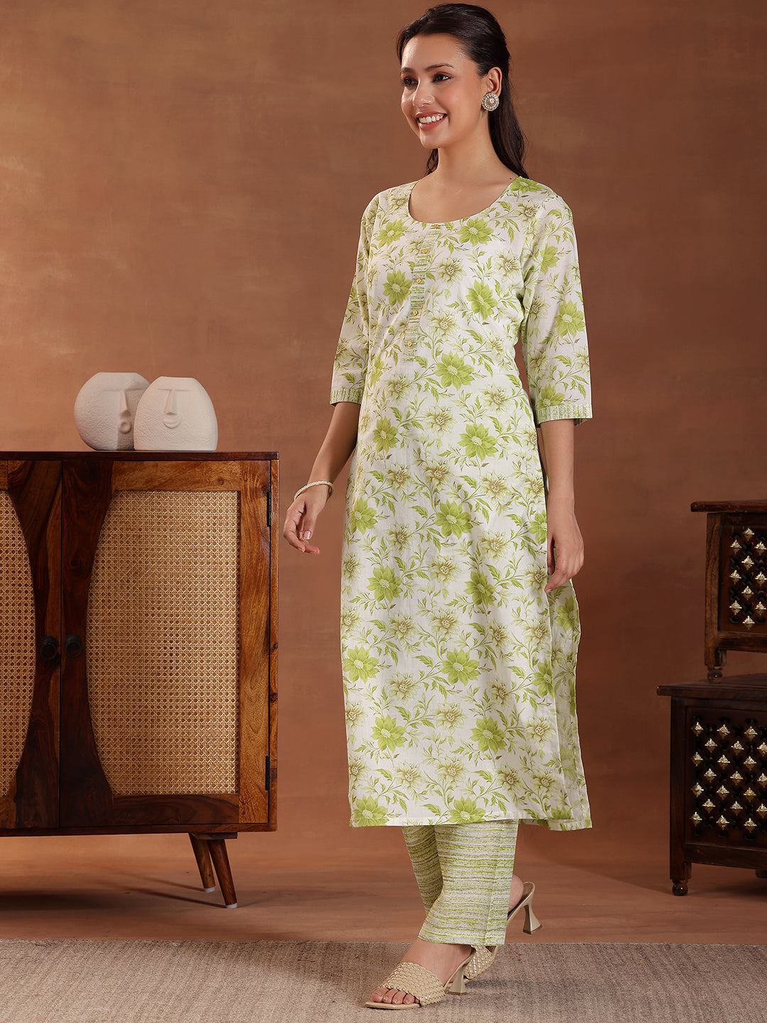 Green Printed Cotton Straight Suit With Dupatta