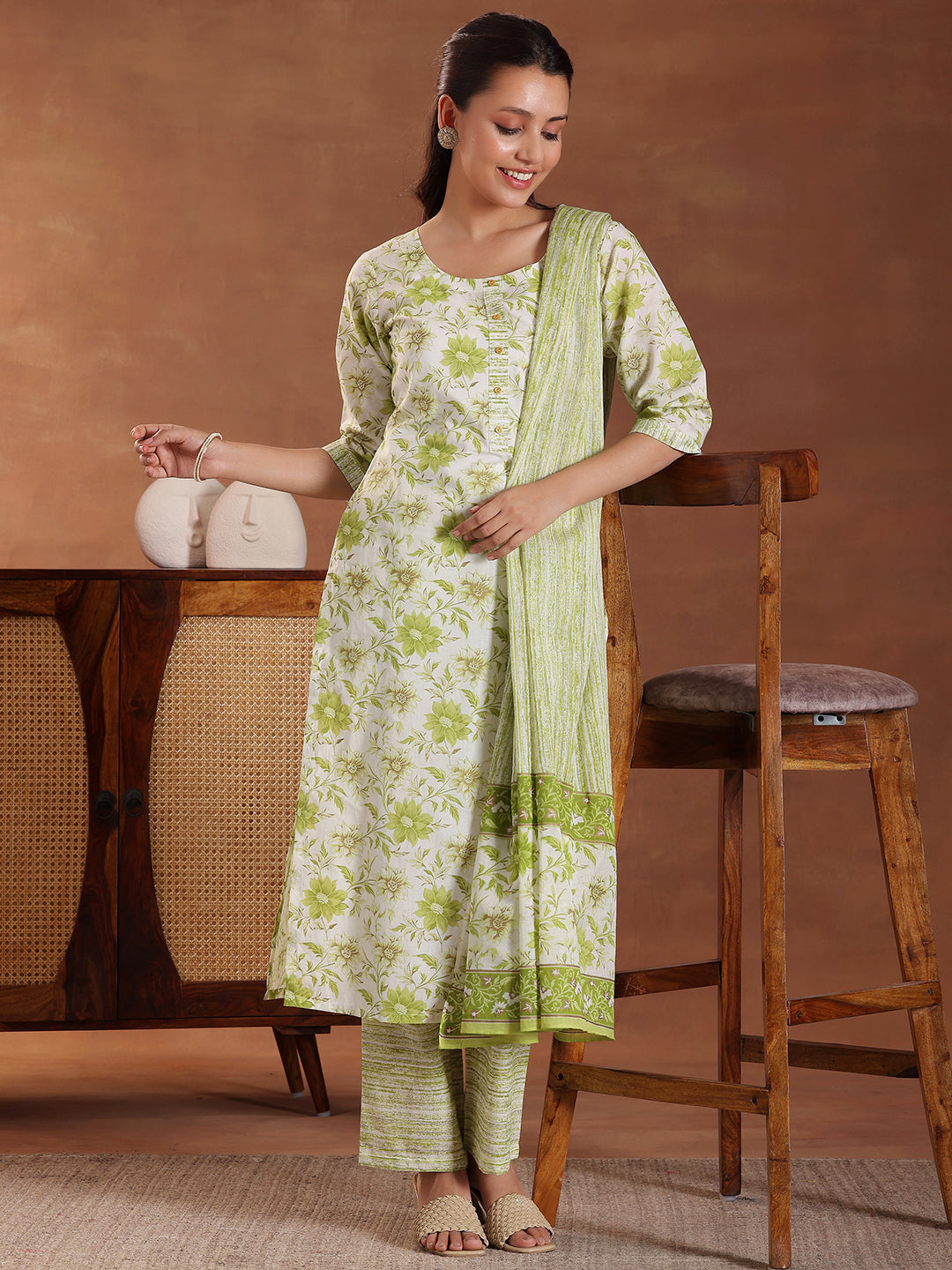 Green Printed Cotton Straight Suit With Dupatta