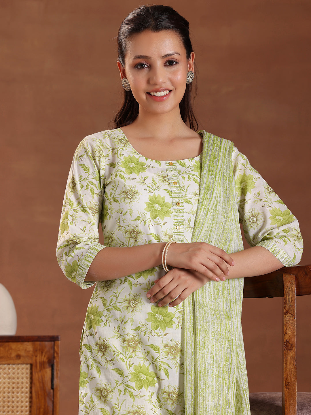 Green Printed Cotton Straight Suit With Dupatta