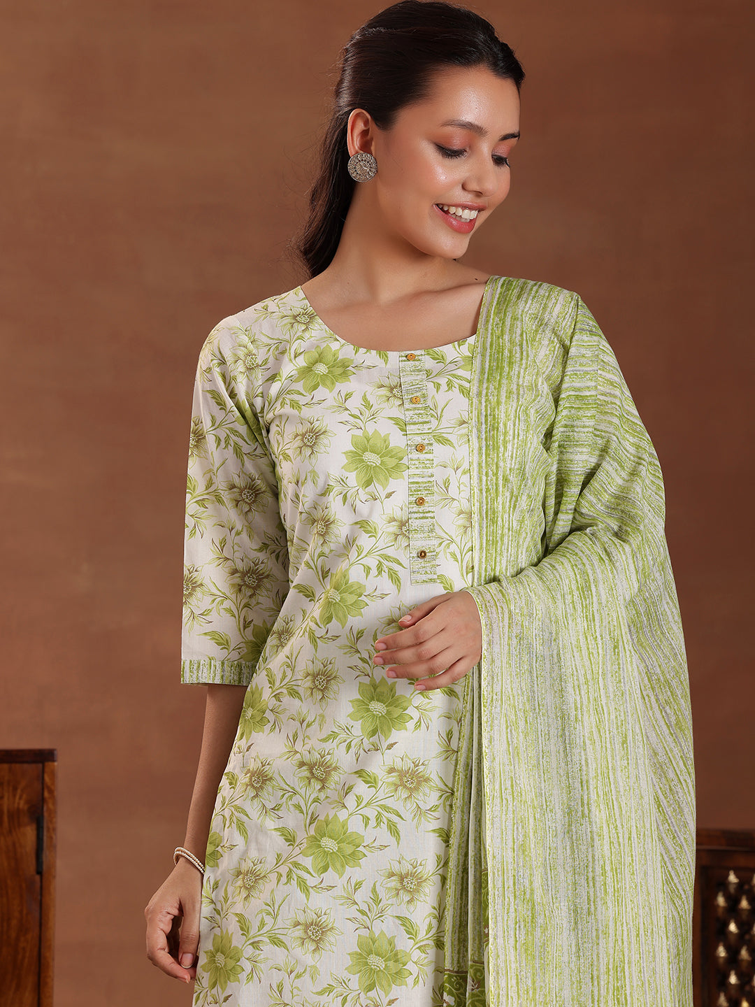 Green Printed Cotton Straight Suit With Dupatta