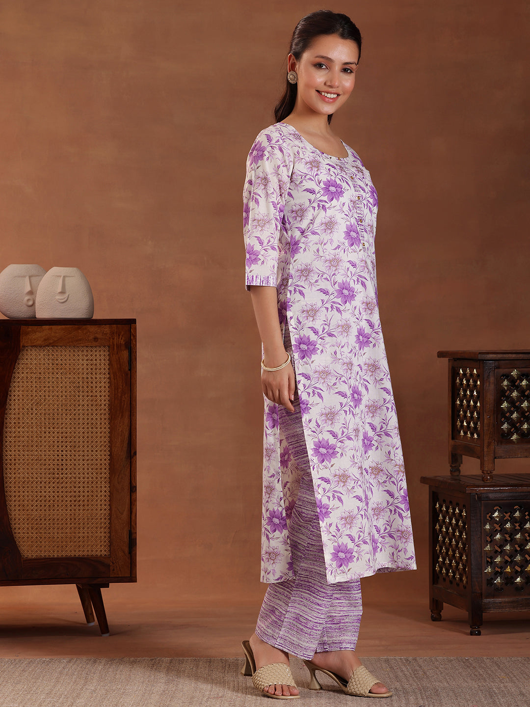 Purple Printed Cotton Straight Suit With Dupatta