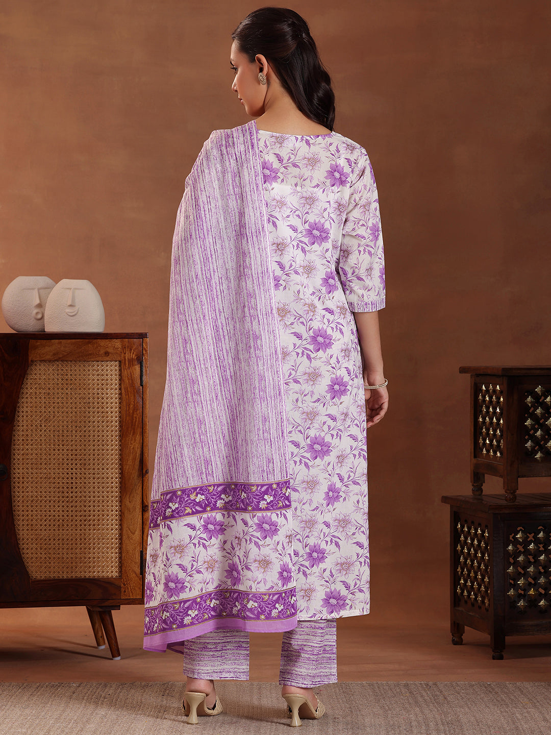 Purple Printed Cotton Straight Suit With Dupatta