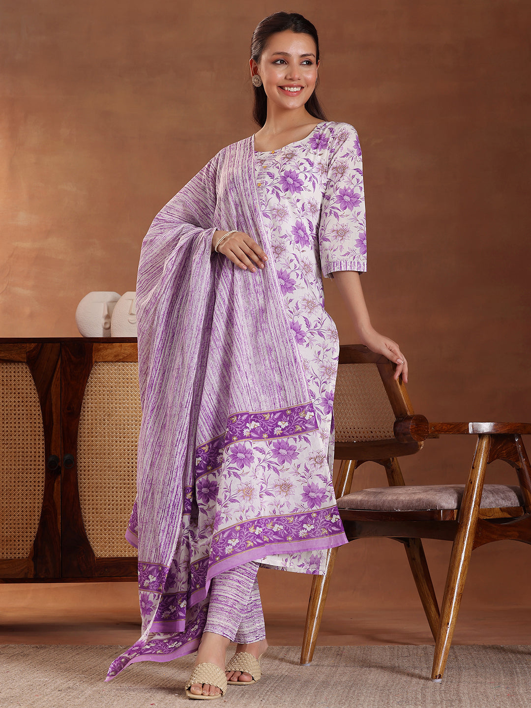 Purple Printed Cotton Straight Suit With Dupatta