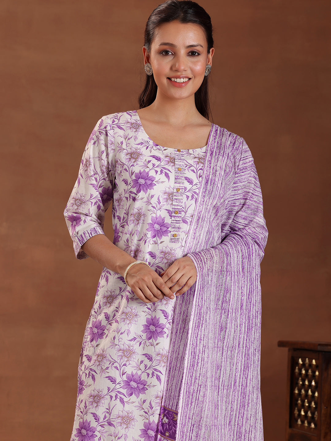 Purple Printed Cotton Straight Suit With Dupatta