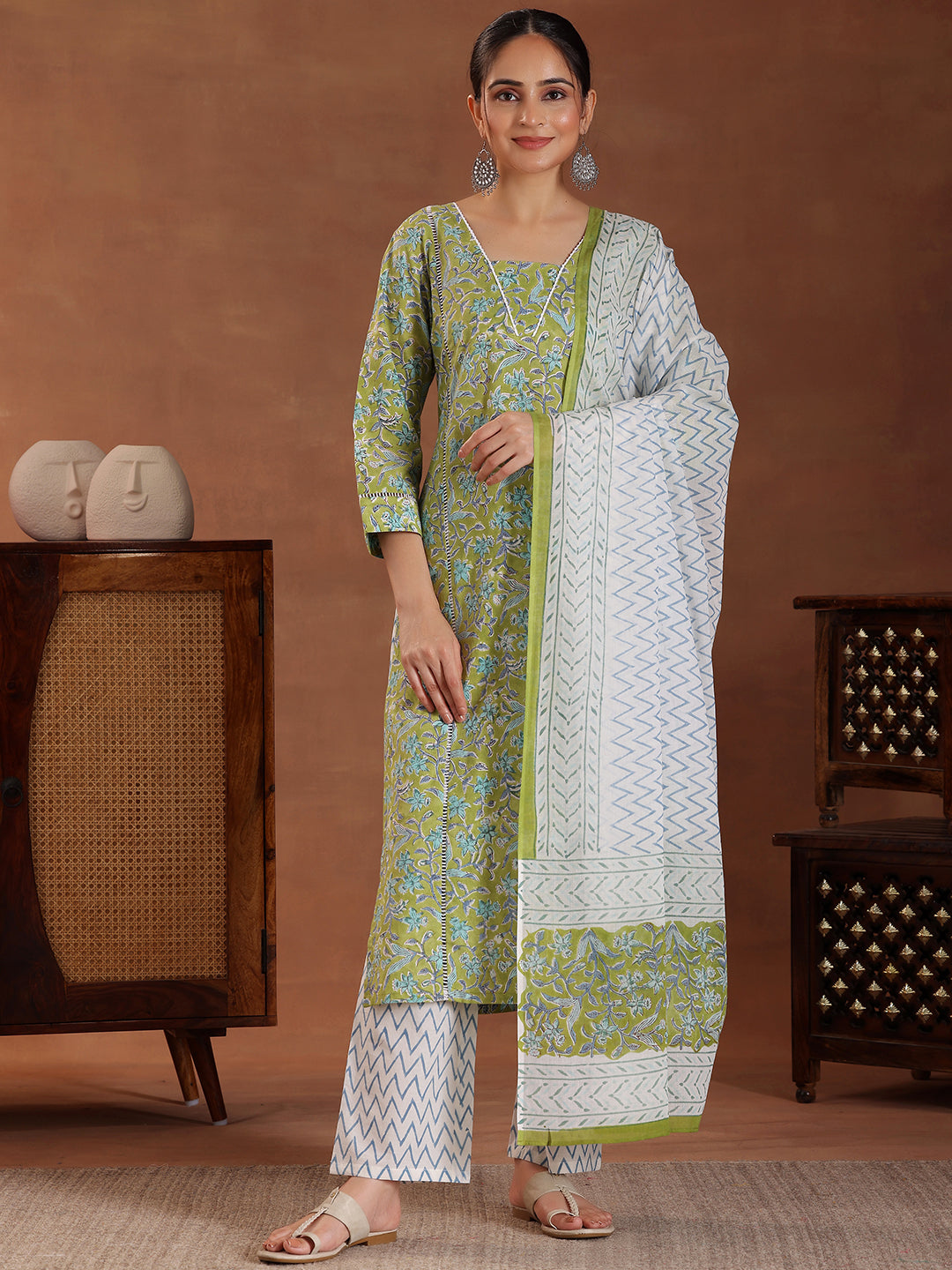 Green Printed Cotton Straight Suit With Dupatta