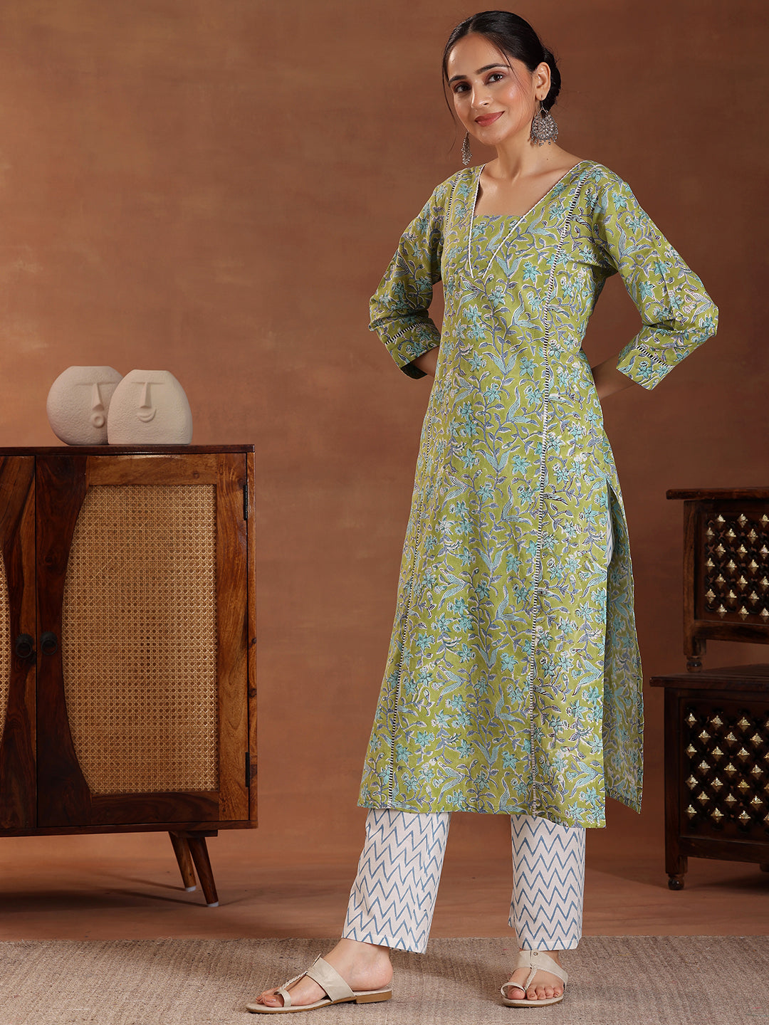 Green Printed Cotton Straight Suit With Dupatta