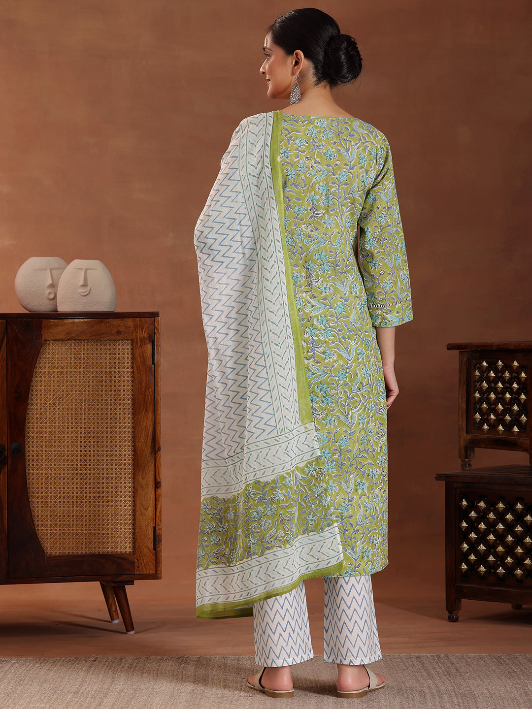 Green Printed Cotton Straight Suit With Dupatta