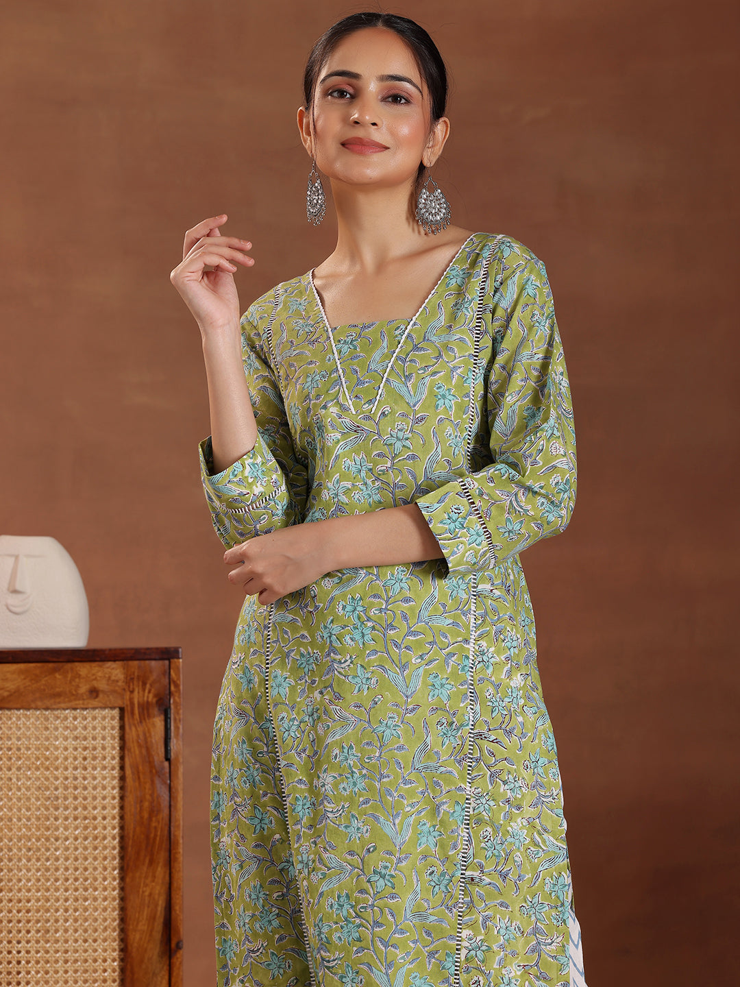 Green Printed Cotton Straight Suit With Dupatta