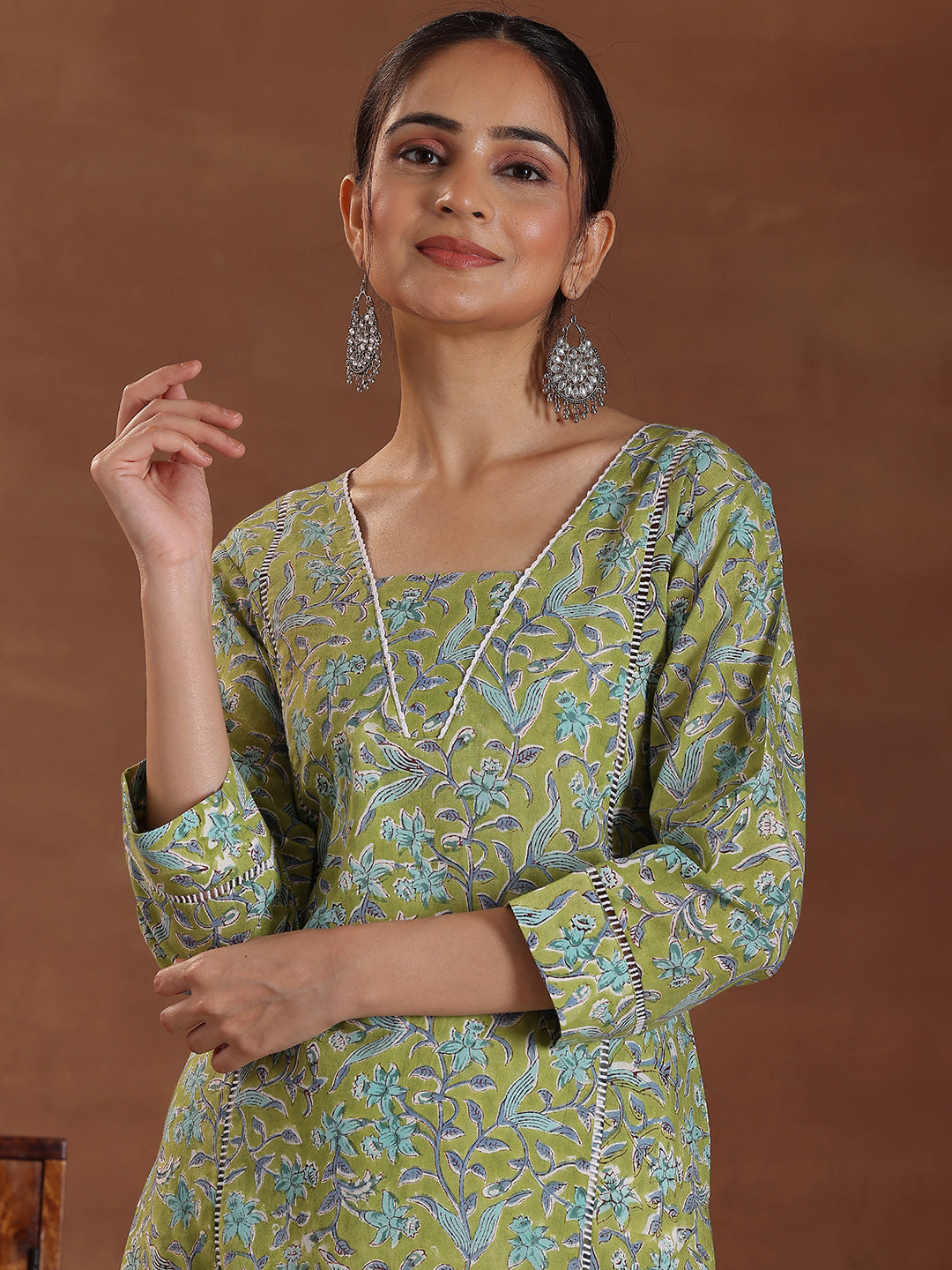 Green Printed Cotton Straight Suit With Dupatta