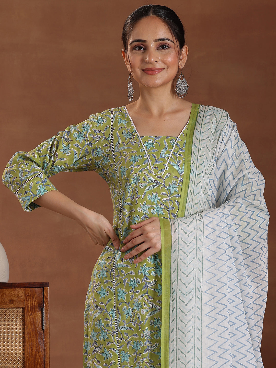 Green Printed Cotton Straight Suit With Dupatta