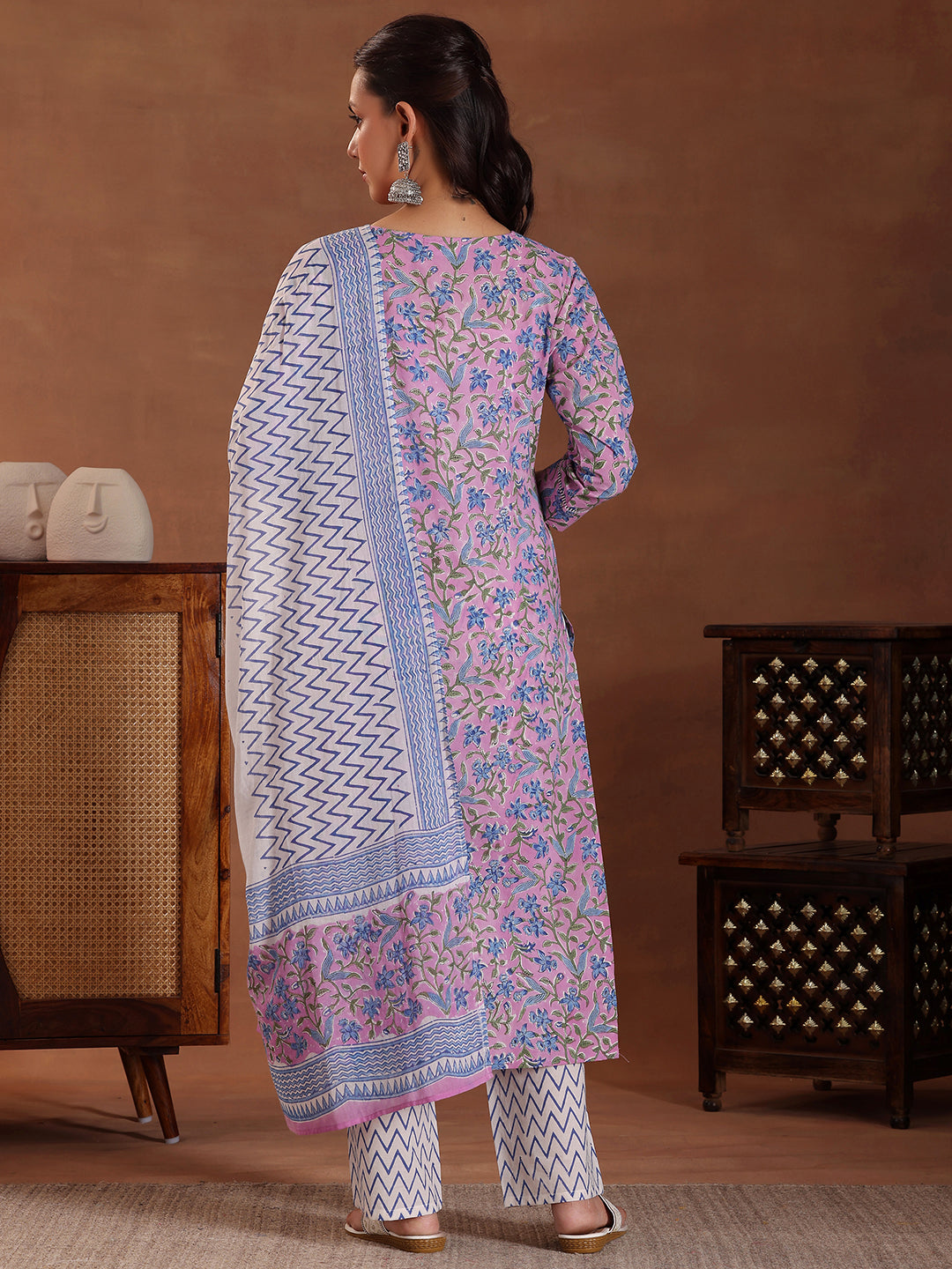 Purple Printed Cotton Straight Suit With Dupatta