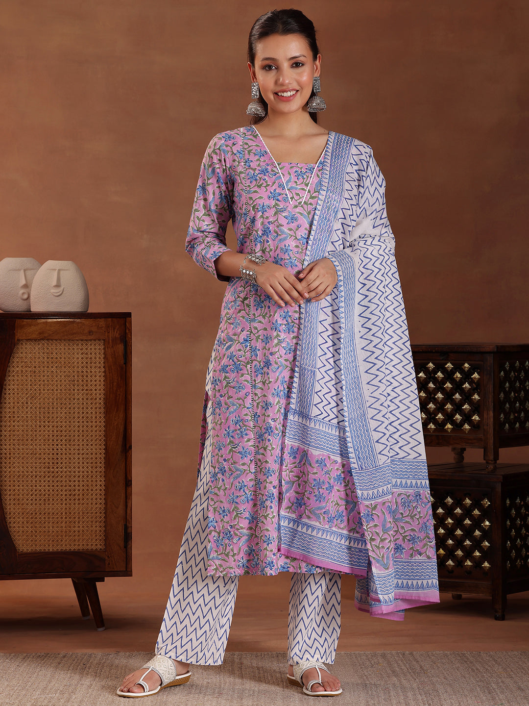 Purple Printed Cotton Straight Suit With Dupatta