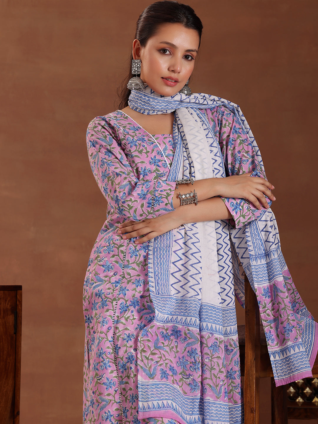 Purple Printed Cotton Straight Suit With Dupatta