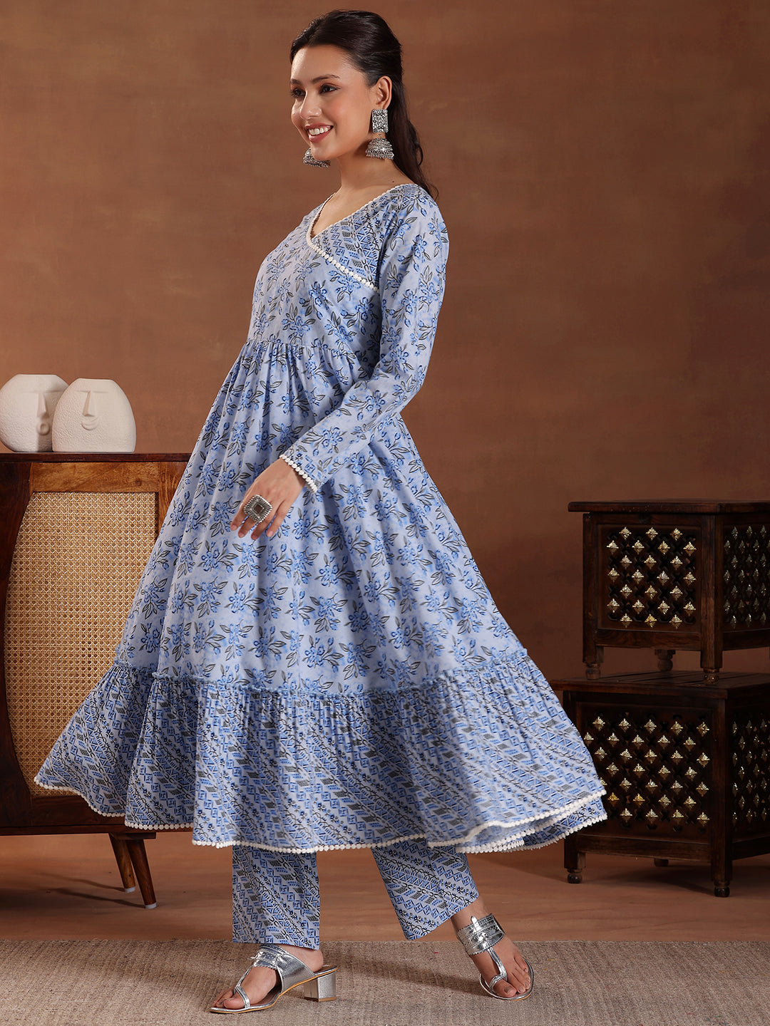 Blue Printed Cotton Anarkali Suit With Dupatta