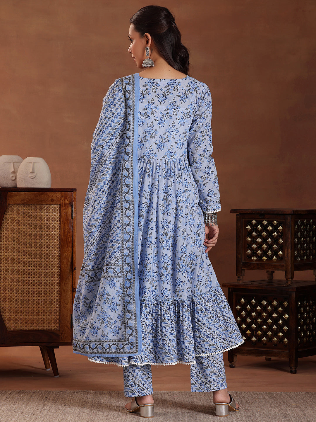 Blue Printed Cotton Anarkali Suit With Dupatta