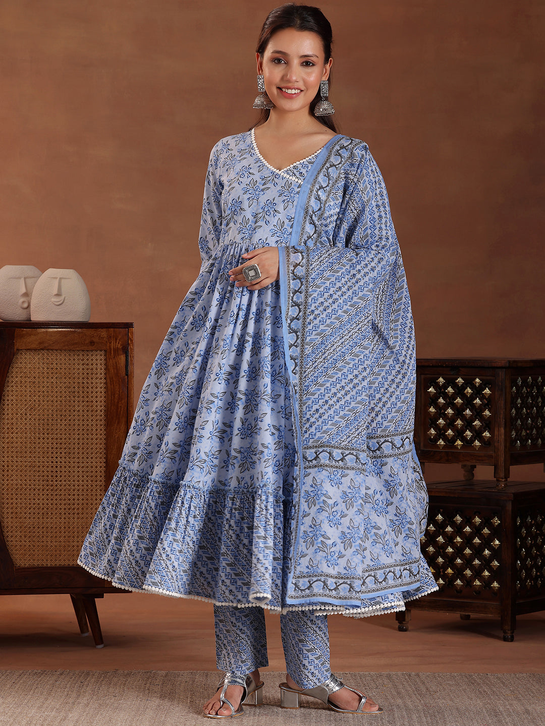 Blue Printed Cotton Anarkali Suit With Dupatta