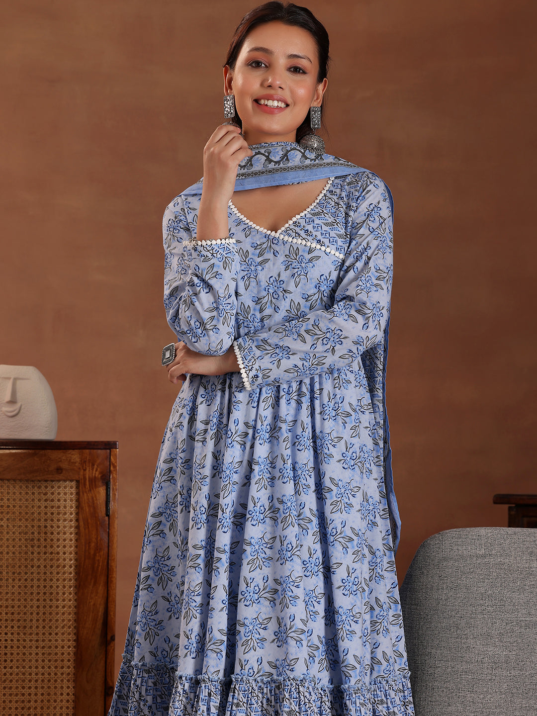 Blue Printed Cotton Anarkali Suit With Dupatta