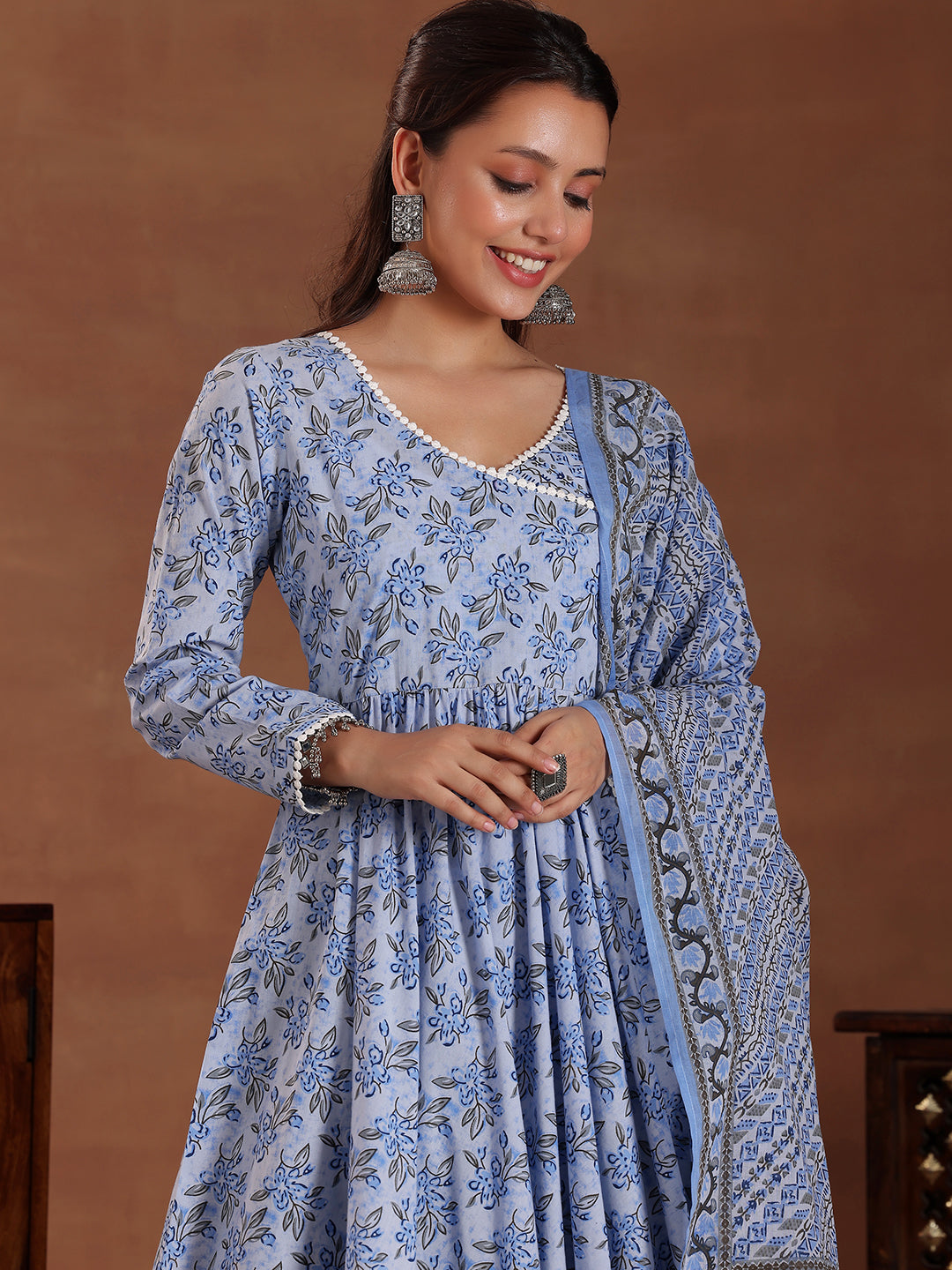 Blue Printed Cotton Anarkali Suit With Dupatta