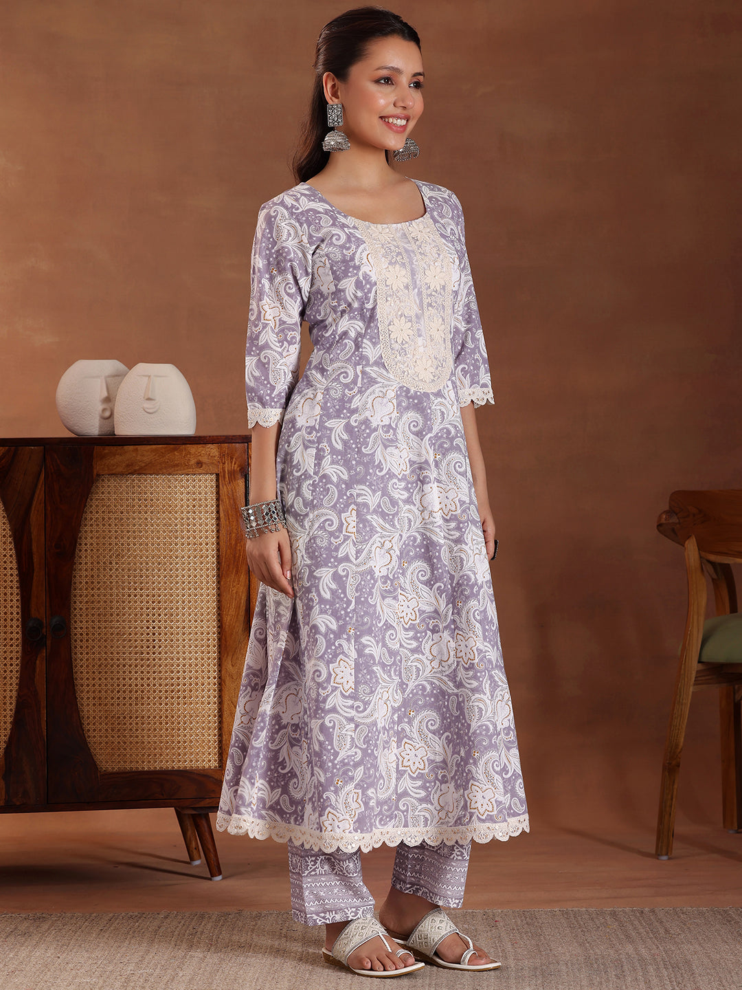 Mauve Printed Cotton Anarkali Suit With Dupatta