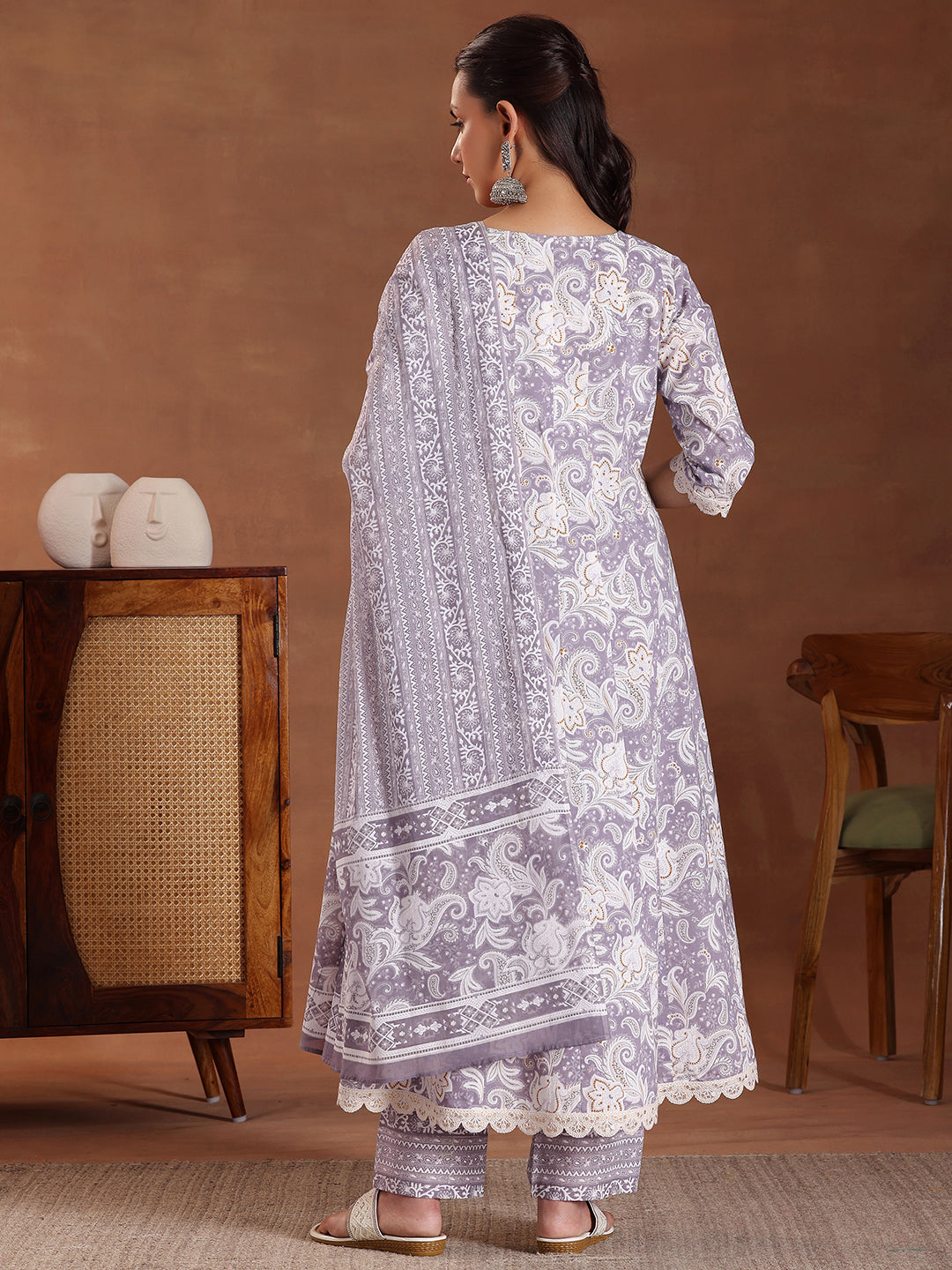 Mauve Printed Cotton Anarkali Suit With Dupatta