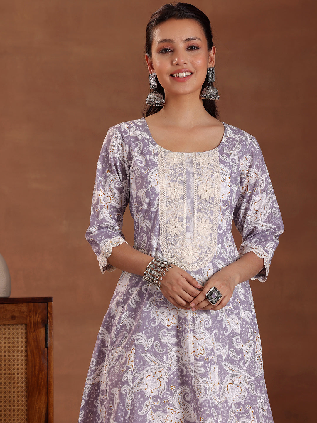 Mauve Printed Cotton Anarkali Suit With Dupatta