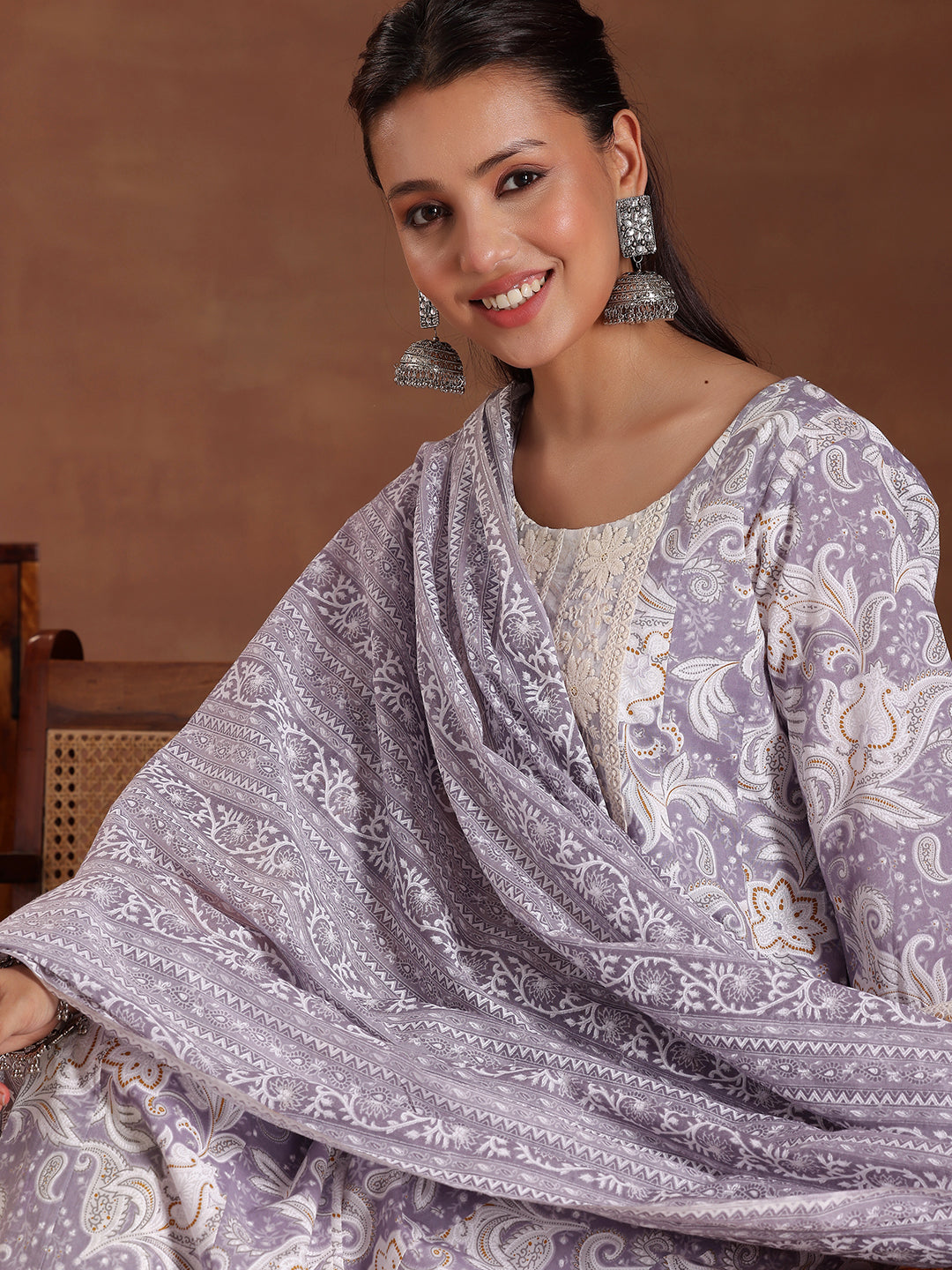 Mauve Printed Cotton Anarkali Suit With Dupatta