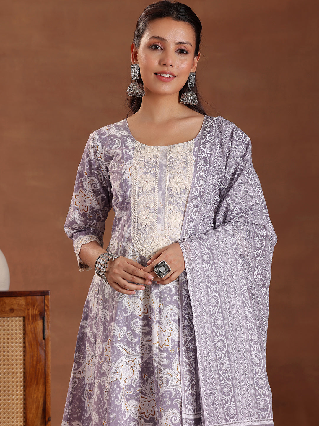 Mauve Printed Cotton Anarkali Suit With Dupatta