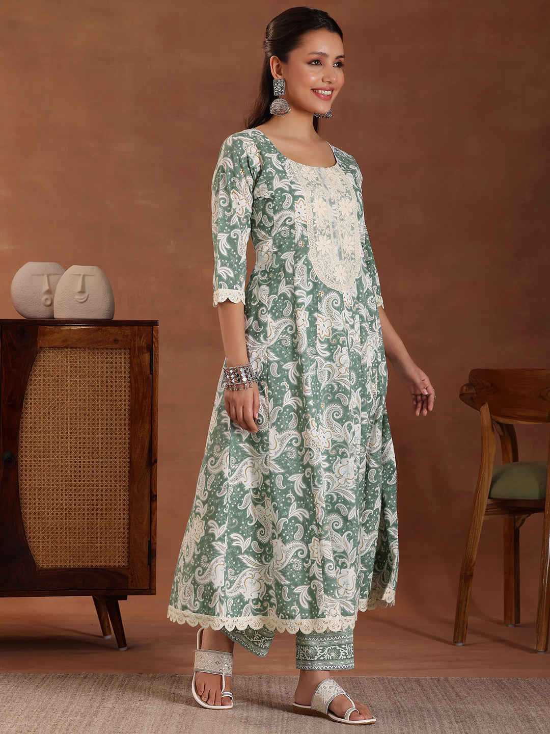 Green Printed Cotton Anarkali Suit With Dupatta