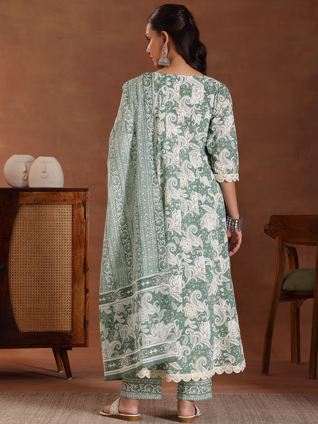 Green Printed Cotton Anarkali Suit With Dupatta