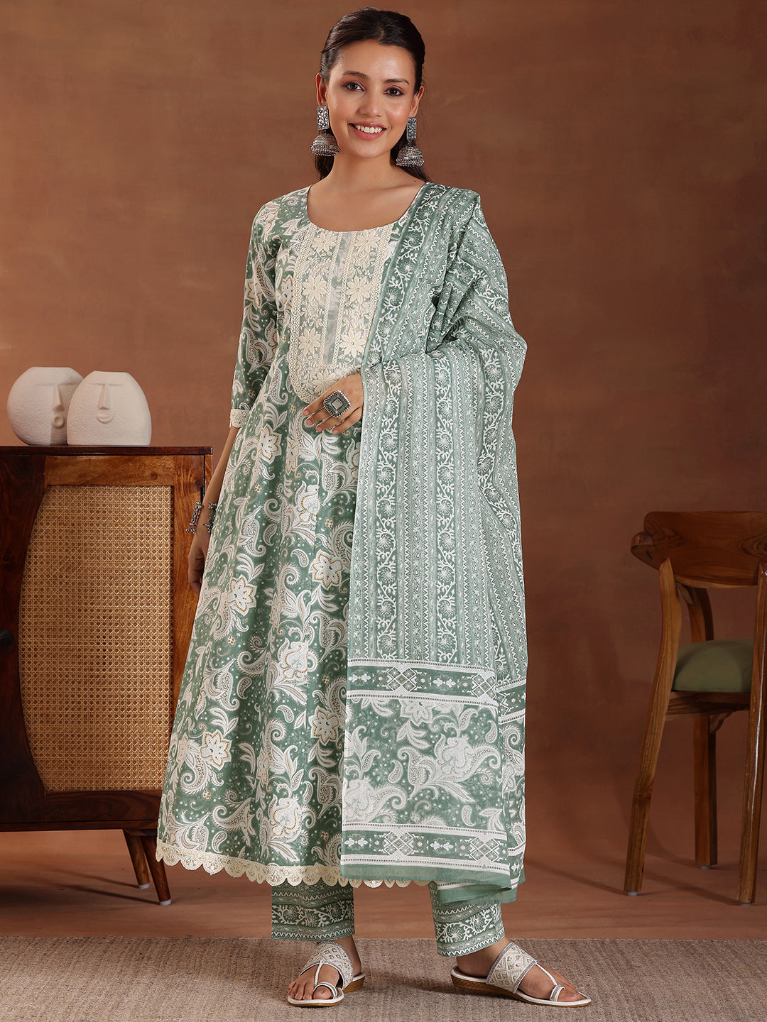 Green Printed Cotton Anarkali Suit With Dupatta