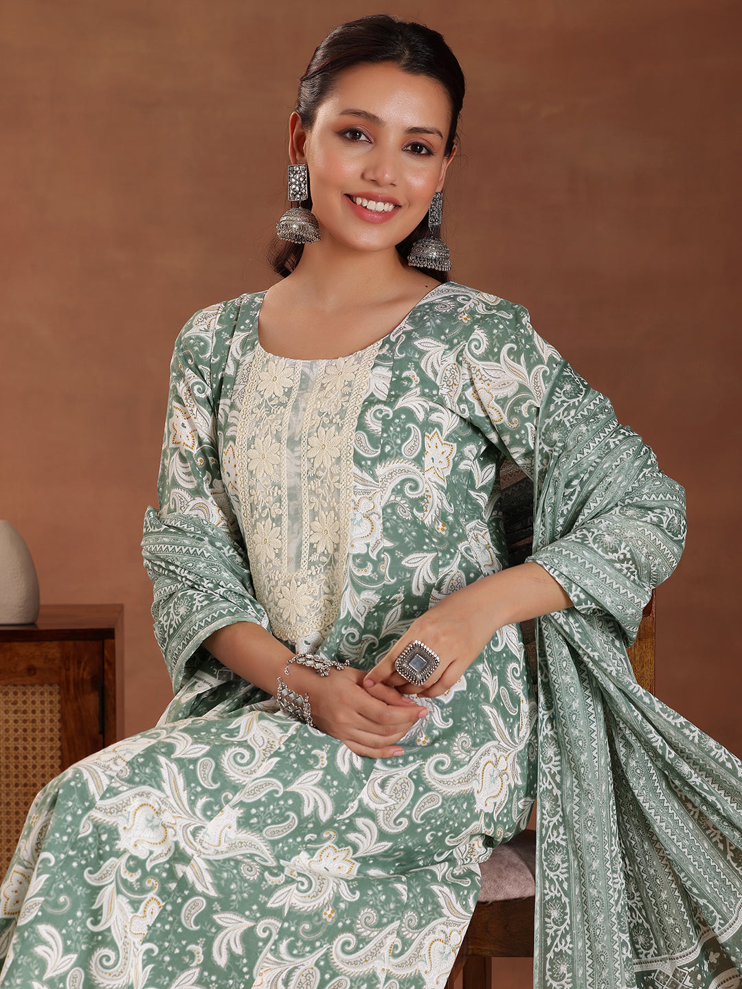 Green Printed Cotton Anarkali Suit With Dupatta