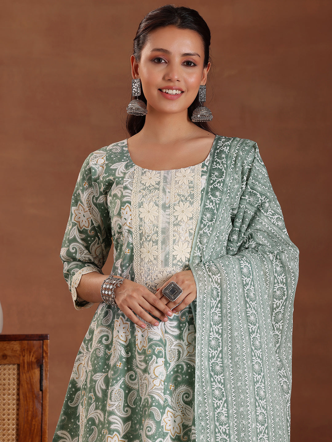 Green Printed Cotton Anarkali Suit With Dupatta