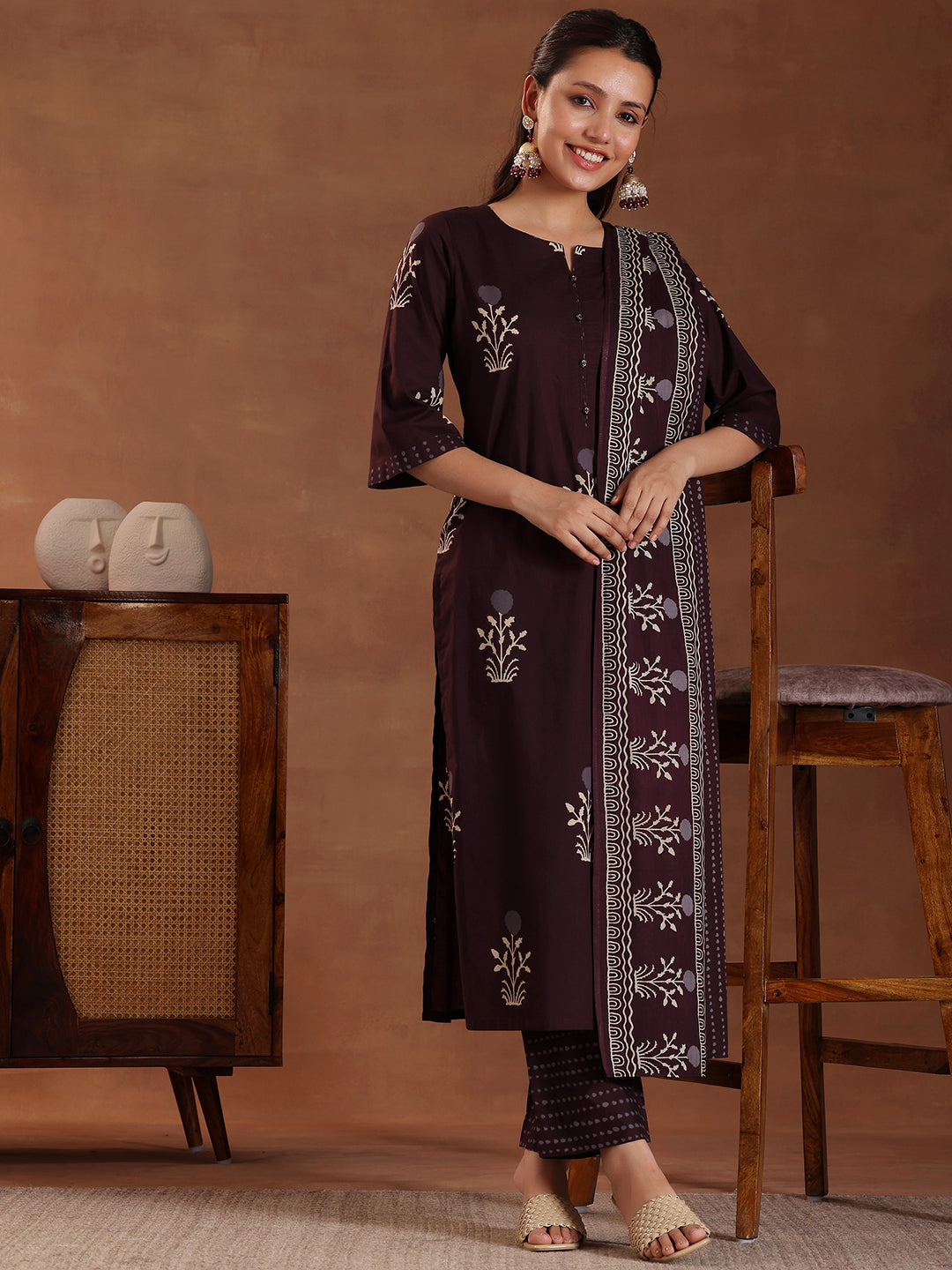 Brown Printed Cotton Straight Suit With Dupatta