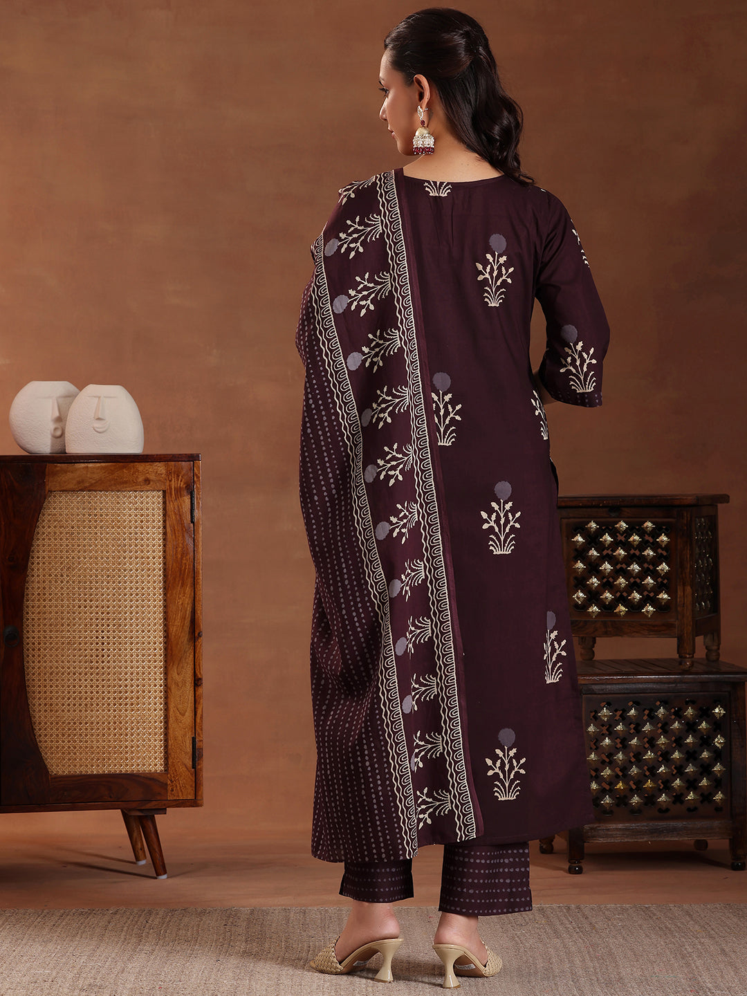 Brown Printed Cotton Straight Suit With Dupatta