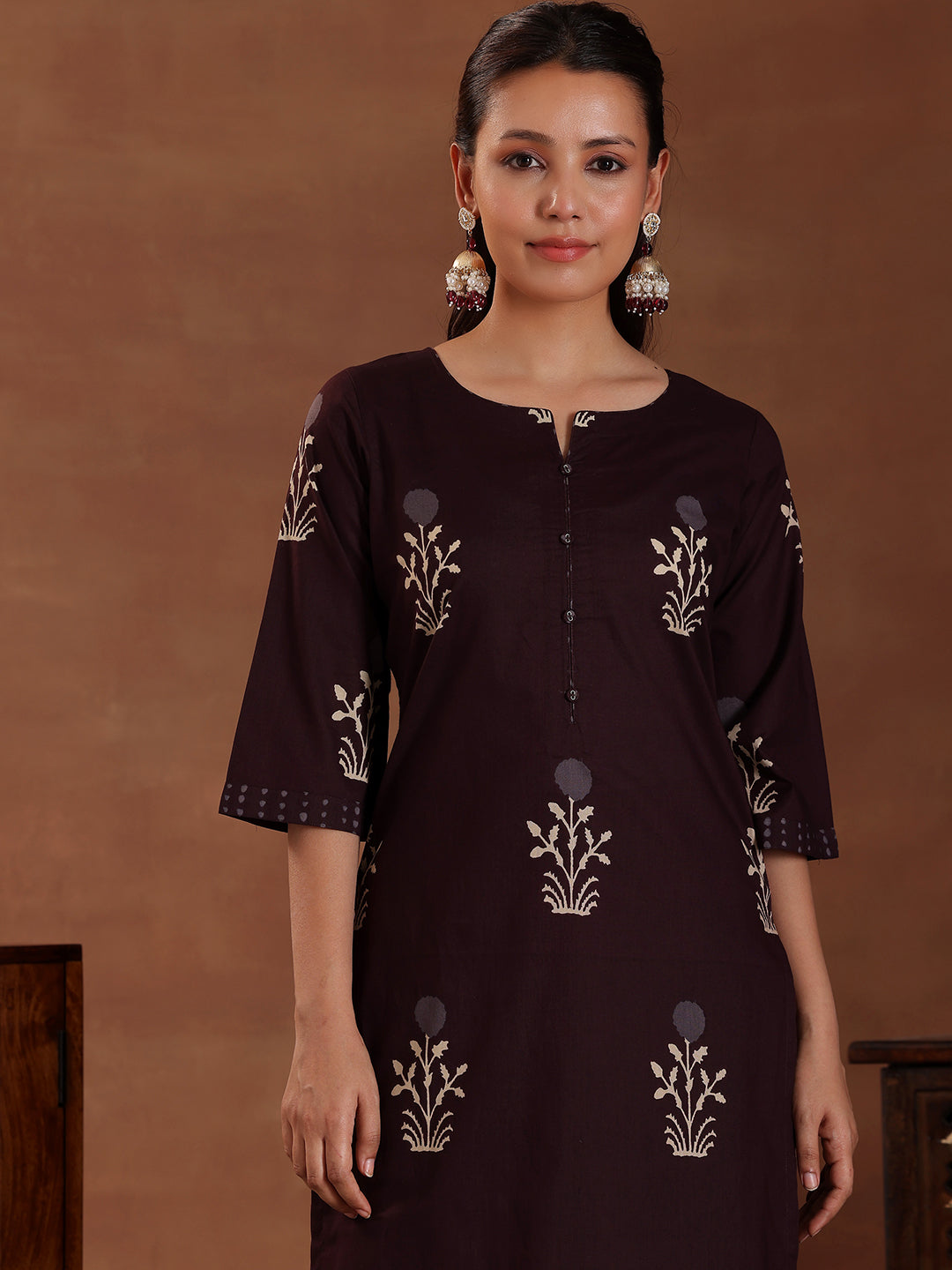 Brown Printed Cotton Straight Suit With Dupatta