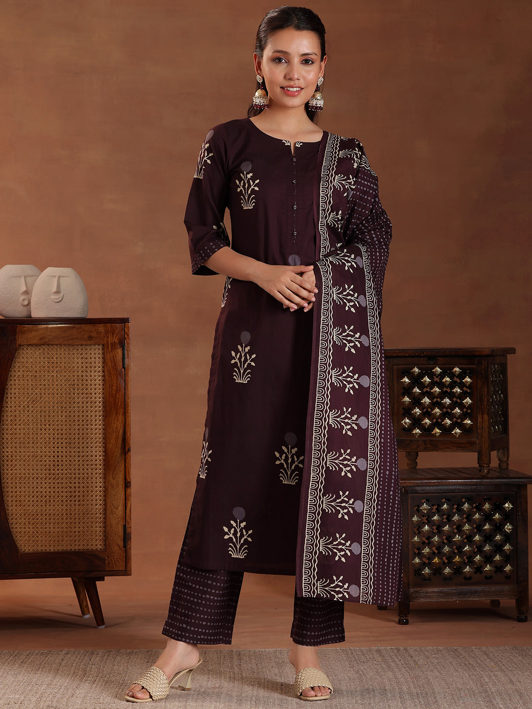 Brown Printed Cotton Straight Suit With Dupatta