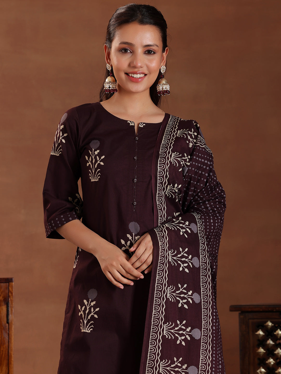 Brown Printed Cotton Straight Suit With Dupatta