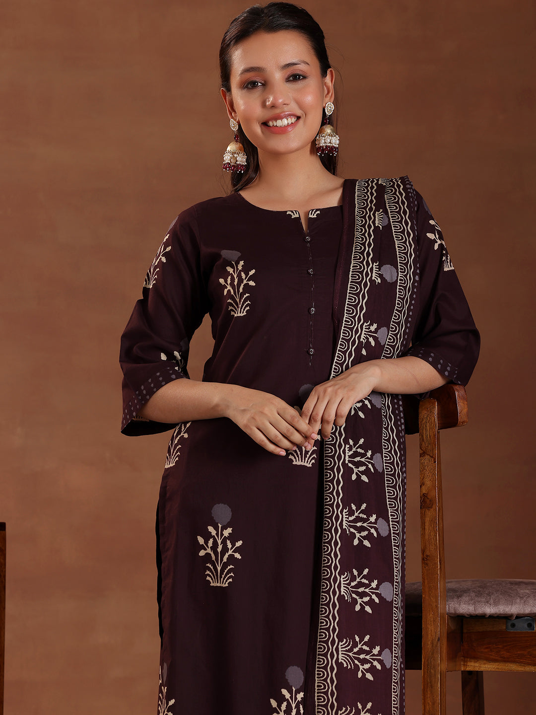 Brown Printed Cotton Straight Suit With Dupatta