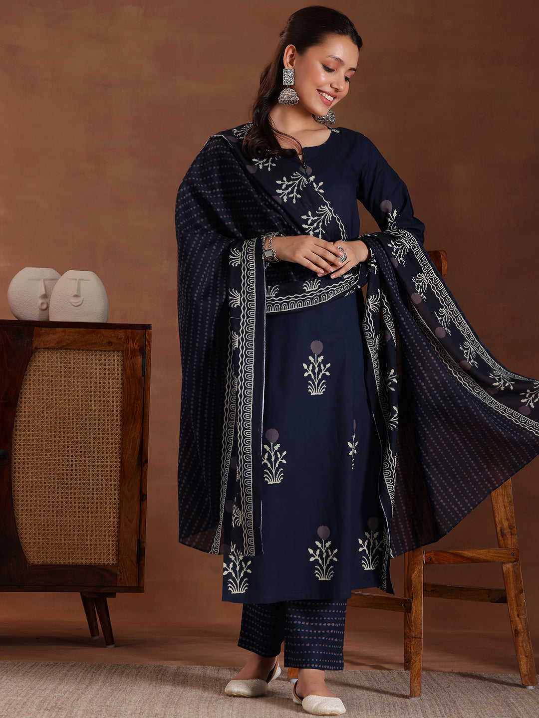 Blue Printed Cotton Straight Suit With Dupatta