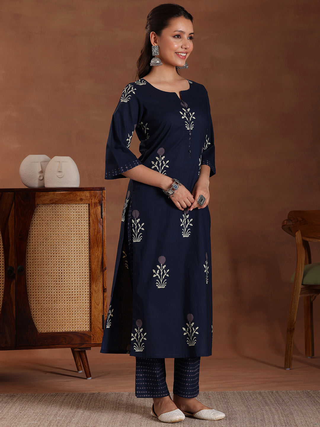 Blue Printed Cotton Straight Suit With Dupatta