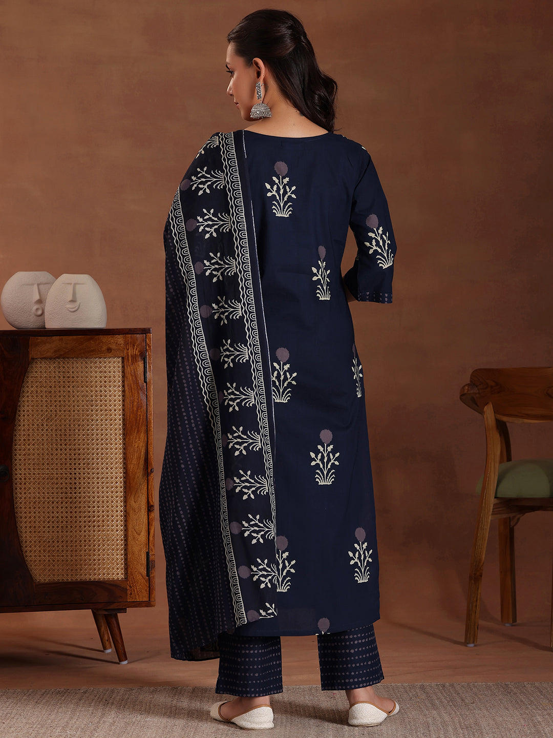 Blue Printed Cotton Straight Suit With Dupatta