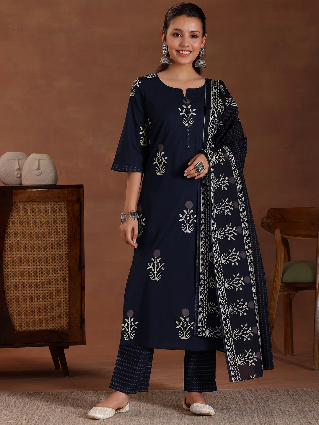 Blue Printed Cotton Straight Suit With Dupatta